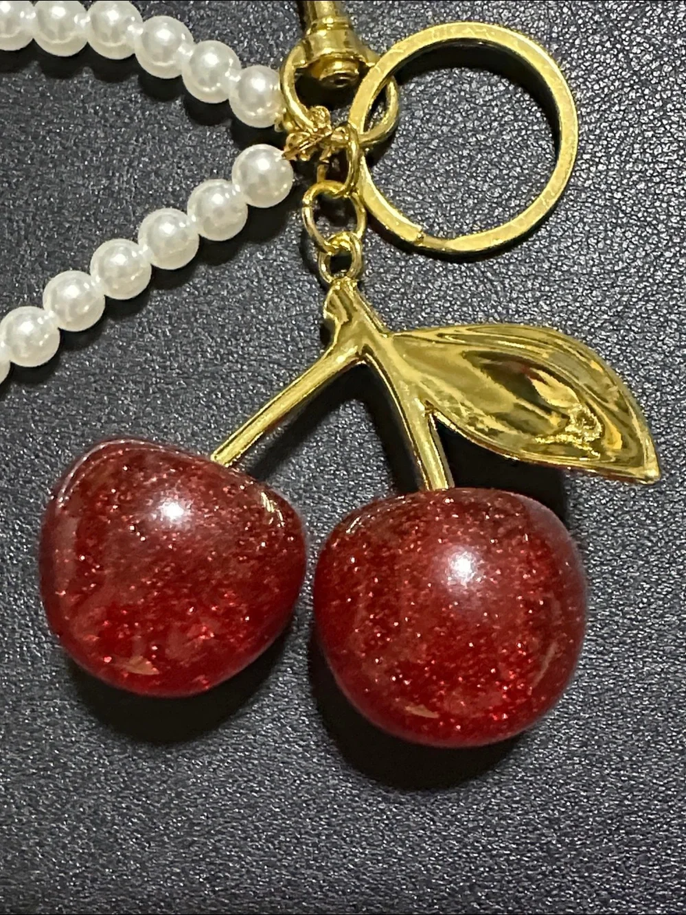 223.  Cherry Gold Tone Key Chain / Bag Charm With Faux Pearl Wrist Strap